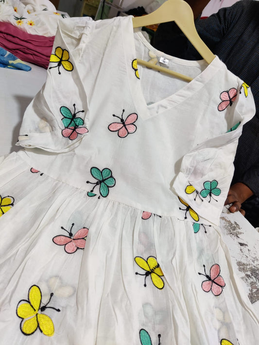Butterfly Embroidery Cotton Midi Kurti – White