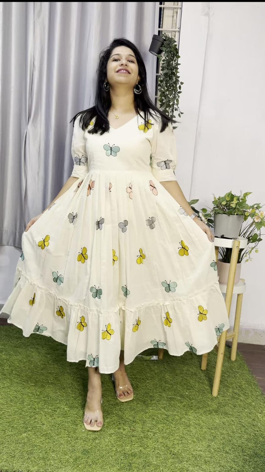 Butterfly Embroidery Cotton Midi Kurti – White