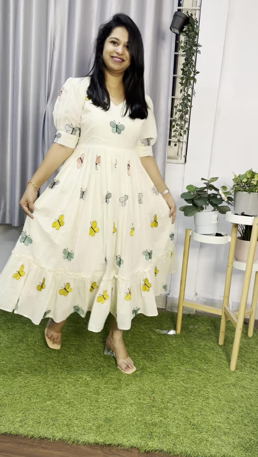 Butterfly Embroidery Cotton Midi Kurti – White