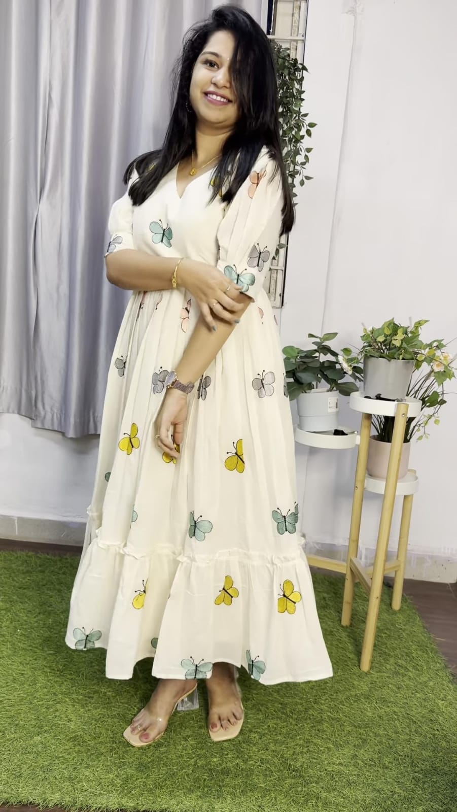 Butterfly Embroidery Cotton Midi Kurti – White