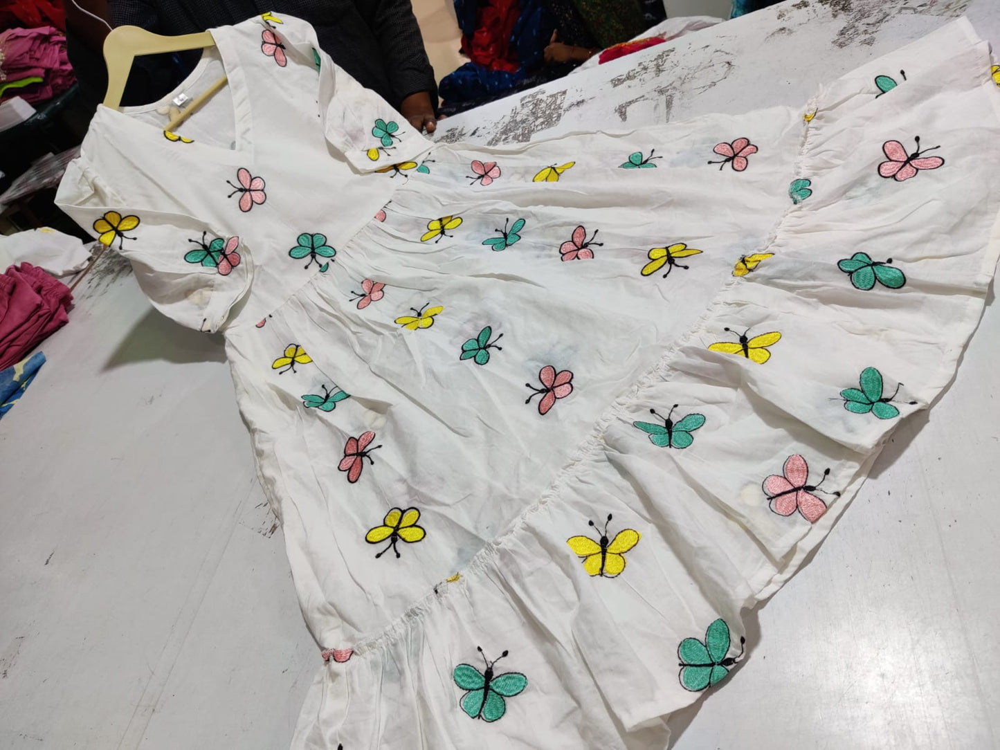 Butterfly Embroidery Cotton Midi Kurti – White