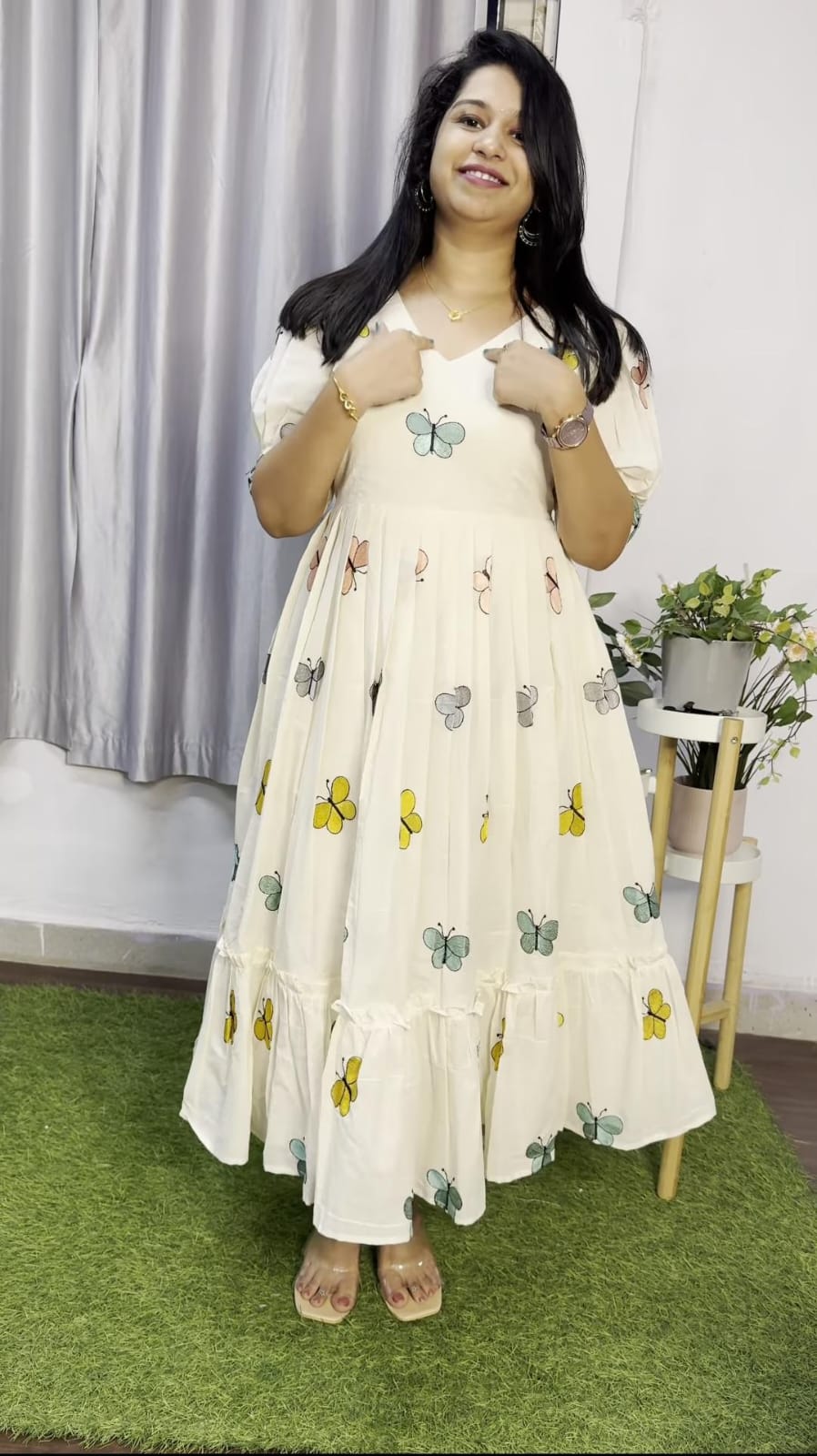 Butterfly Embroidery Cotton Midi Kurti – White
